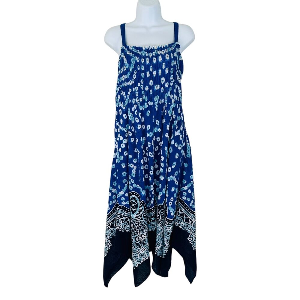 Soft Surroundings Women's Size PL Mahini Handkerchief Hem Blue White Midi Dress